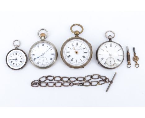 Four 19th Century and later pocket watches, comprising a nickel cased pocket watch, an electroplated chronometer, a silver po