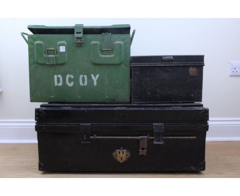A Victorian steel cabin trunk, a deed box, and a 1941 ammo box, trunk 45 x 75 x 31