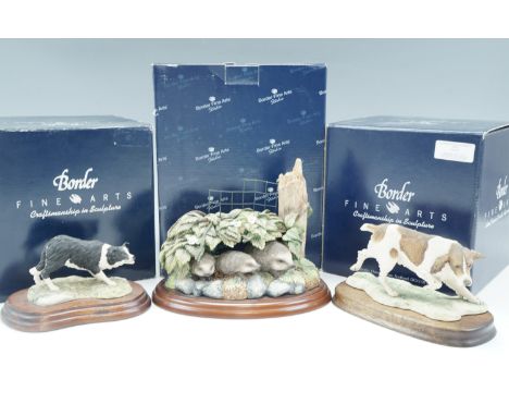 Three Border Fine Art figurines, a collie dog, Undercover (Hedgehog Family), and Sweep, all boxed