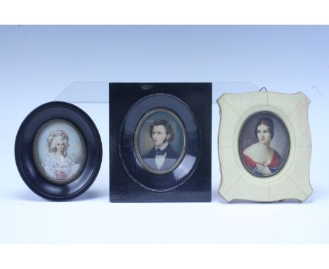 Three 20th Century portrait miniatures, comprising a gentleman and two ladies, largest 16 x 14 cm