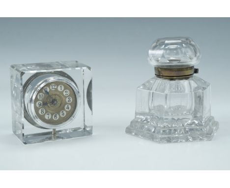 A Victorian brass mounted glass inkwell, together with a glass boudoir clock, inkwell 10 cm