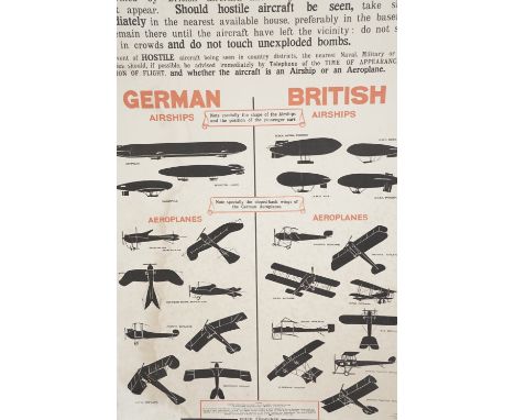 Original card mounted Great War British enemy aircraft public warning poster, stone lithograph, 76 cm x 50 cm
