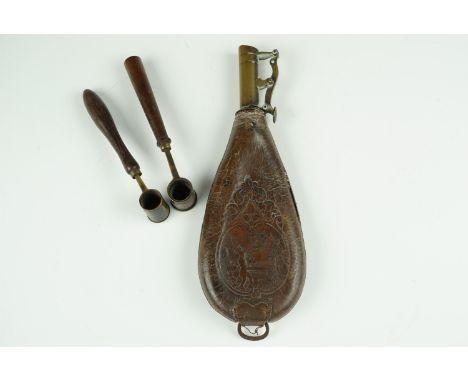 A Victorian embossed leather shot flask together with two powder measures