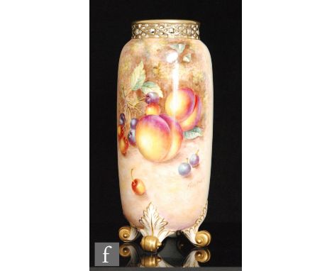 A later 20th Century Royal Worcester Fallen Fruit vase panel decorated by Freeman with hand painted peaches and grapes, with 