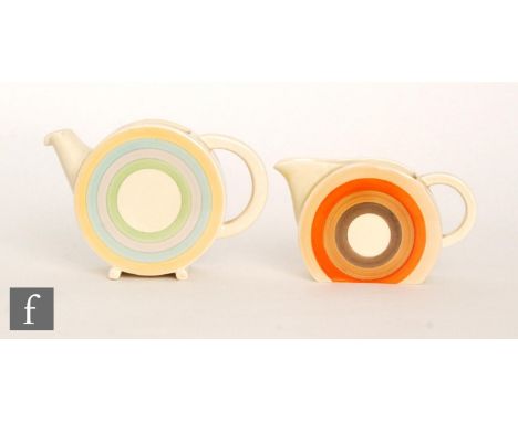 A 1930s Clarice Cliff Bon Jour teapot decorated with a yellow, blue, pink and green band, lacks cover, printed registration m