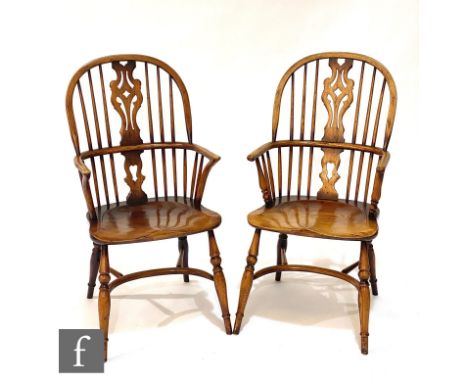 AMENDMENT - A pair of 20th Century ash and elm Windsor stick back elbow chairs on splayed legs and crinoline stretchers, S/D 