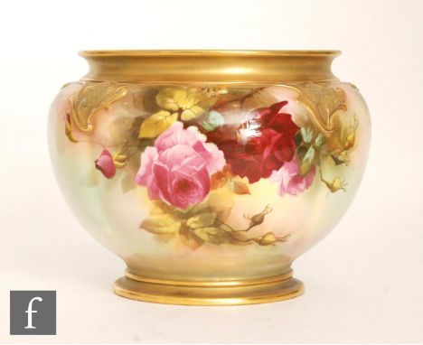 A large early 20th Century Royal Worcester Hadleys shape 276 jardiniere panel decorated by J. Llewellyn with hand panted rose