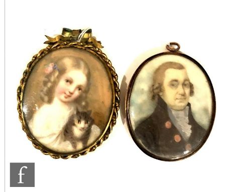 ENGLISH SCHOOL (CIRCA 1830) - Portrait of a little girl with her pet cat, gouache miniature on ivory, oval, framed, 7cm x 5.5