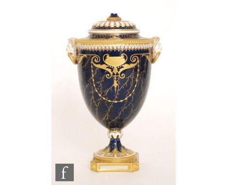 An early 20th Century Royal Worcester shape 2272 pedestal vase and cover decorated by Harry Davis with a shaped cartouche pan