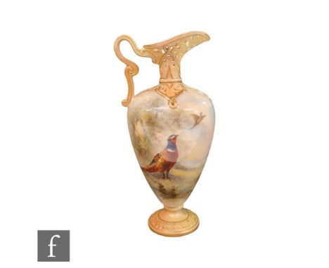 A Royal Worcester shape G965 pedestal ewer panel decorated by James Stinton with a pheasant stood watching a grouse in flight