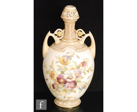 A large late 19th Century Royal Worcester shape 1200 vase, the body decorated with a spray of pansy type flowers with gilt de