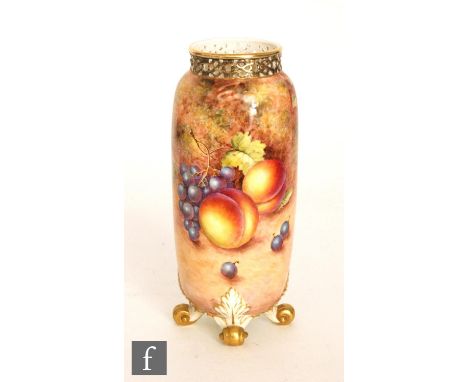 A later 20th Century Royal Worcester Fallen Fruit vase decorated in the round by Freeman with hand painted peaches, apples an