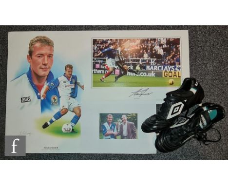 A pair of size 8 Umbro football boots given by Alan Shearer to the artist, with an action print of Shearer signed in pencil b