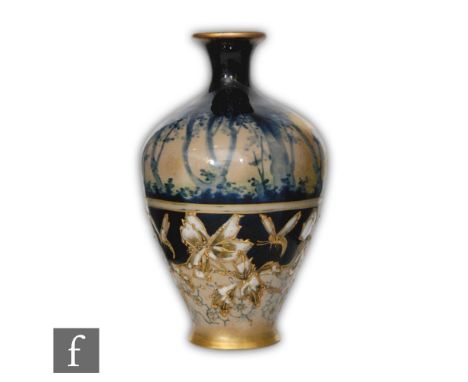 A late 19th to early 20th Century baluster vase decorated to the upper section with a hand painted blue tree lined landscape 