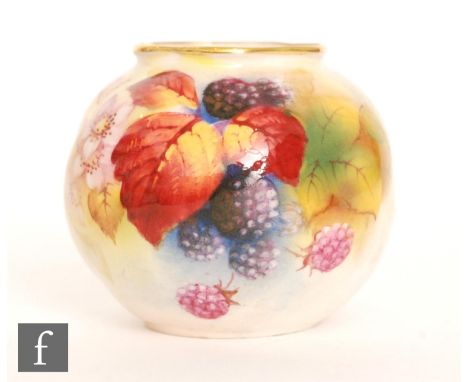 A Royal Worcester shape 161 globular vase decorated by Kitty Blake with hand painted autumnal fruit and berries, signed, puce