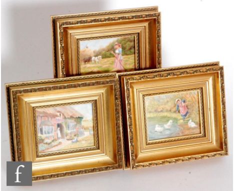 Three later 20th Century framed rectangular porcelain plaques decorated by former Royal Worcester artist F Clark depicting ru