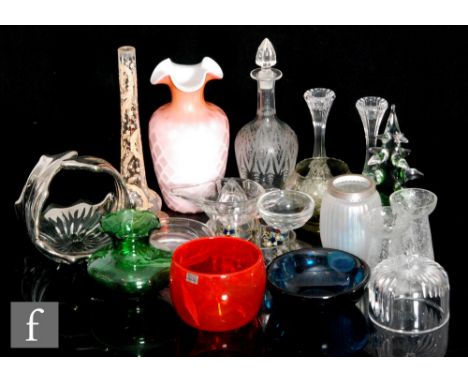 A collection of assorted glass, 19th Century and later, to include a Victorian satin vase of ovoid form with collar neck and 