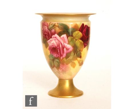 A Royal Worcester pedestal vase, shape 2638 panel decorated by Sedgley with hand painted roses, signed, puce mark with date c