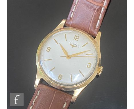 A gentleman's 9ct hallmarked Longines manual wrist watch, calibre 280, Arabic numerals and batons mix to a circular dial, cas