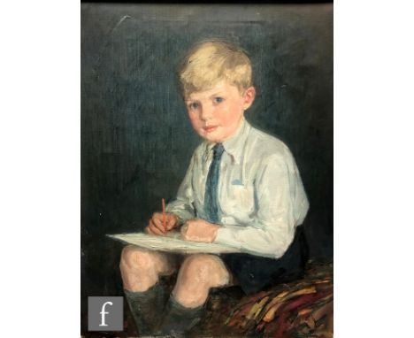 ENGLISH SCHOOL (C. 1950) - Portrait of a young boy with a sketch book, oil on canvas, framed, 70cm x 55cm, frame size 79cm x 