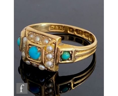 An 18ct hallmarked turquoise and seed pearl set ring with a square head and ribbed shoulders, weight 2.4g, ring size K 1/2, B