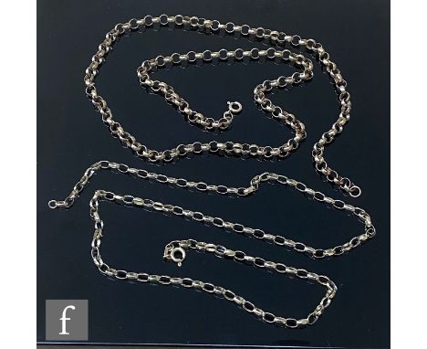 Two modern 9ct hallmarked belcher link chains each terminating in bolt ring fastener, lengths 52cm and 60cm, total weight 21.