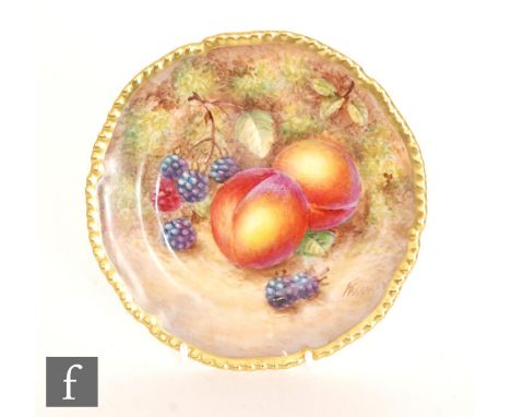 A Royal Worcester Fallen Fruits side plate decorated by Freeman with hand painted peaches and berries, signed, black mark wit