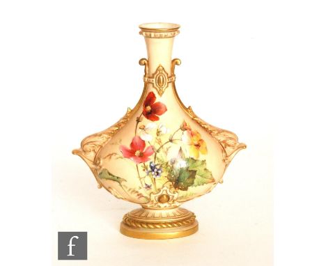 An early 20th Century Royal Worcester blush ivory shape 2125 vase decorated with hand painted wild flowers with moulded styli