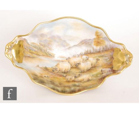A later 20th Century hand painted pedestal bowl hand painted by former Royal Worcester artist David Fuller, the interior and 