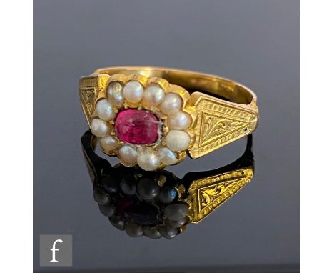 A 19th Century pink stone and pearl ring, central oval pink stone within a border of seed pearls, engraved to reverse Tho Los