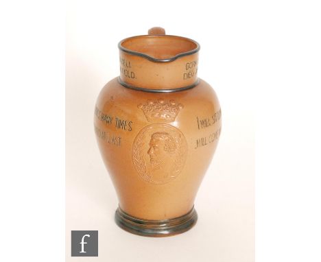 A late 19th Century Doulton Lambeth saltglazed stoneware jug commemorating Benjamin Disraeli, Earl of Beaconsfield, the body 