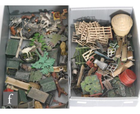 A collection of assorted hollowcast figures and accessories, to include a Cherilea running hare, Timpo Alsatian, Timpo dachsh