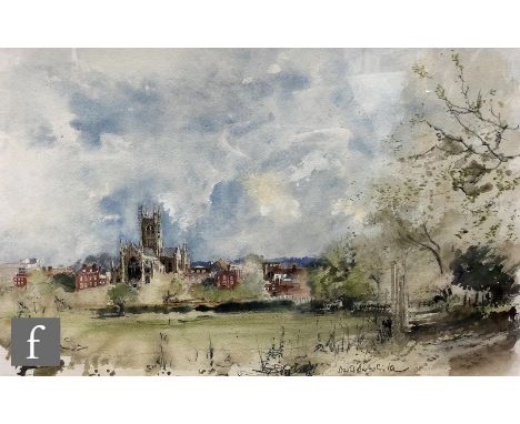 DAVID BIRTWHISTLE (CONTEMPORARY) - 'Slingpool Walk with a view of Worcester Cathedral', watercolour, signed, framed, 34cm x 5
