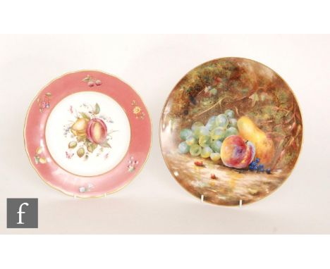 A later 20th Century Hereford Fine China wall plate decorated with hand painted fallen fruits with an apple, white grapes and