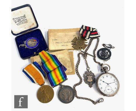 A World War One medal pair to 19518 Pte G.Ashfield Worcester Reg, with a silver open faced pocket watch and Albert chain, a c