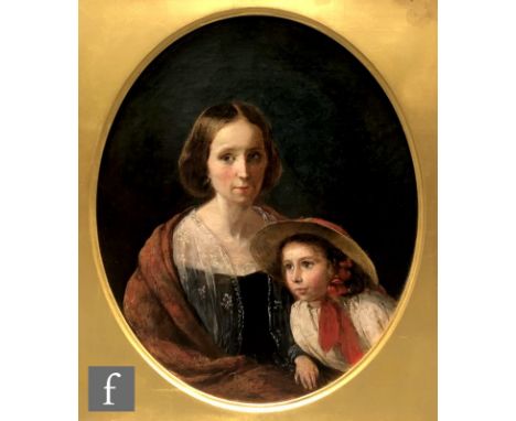ENGLISH SCHOOL (MID 19TH CENTURY) - Portrait of a mother with her daughter, oil on canvas, within an oval slip, framed, 30cm 