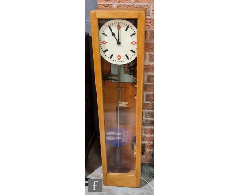 A George VI GPO model 36 mark 6 electric clock in a glazed fronted beech case, the dial with baton numerals and red diamond s