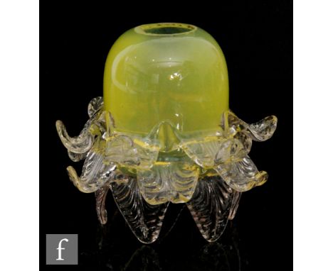 A late 19th century Stourbridge glass lamp shade in citron glass with applied stylised clear crystal petals, height 13cm, S/D