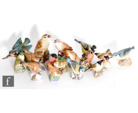 Sixteen assorted Royal Worcester bird figurines comprising Marsh Tit 3336, Blue Tit 3199, Goldfinch 3239, Wren 3198, Thrush 3