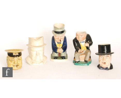 Five assorted Winston Churchill character jugs comprising a Royal Winton 'Man of the Year' example, a Kirklands Embassy Ware 