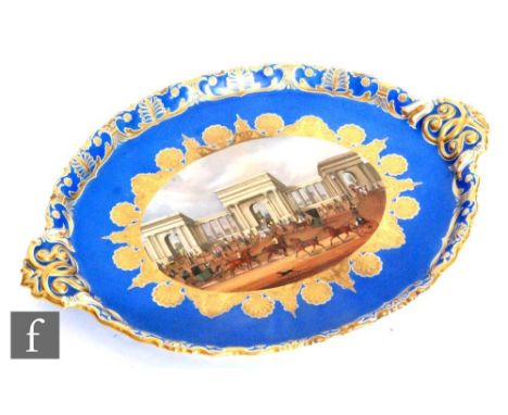 A large 19th Century Chamberlains Worcester shaped tray decorated with a hand painted scene of Hyde Park corner with figures 