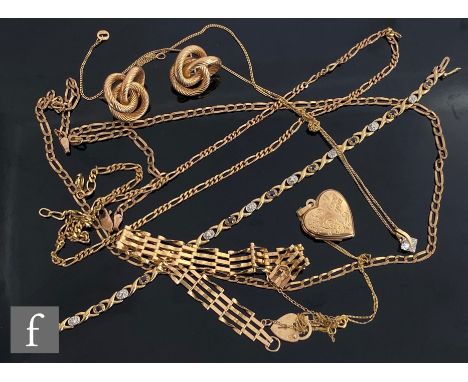 A small parcel lot of 9ct jewellery comprising a sapphire and diamond set bracelet, a gate bracelet, a locket and chain, a pa