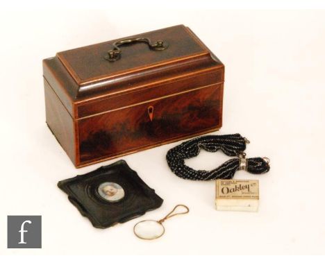 A George III crossbanded and line inlaid sarcophagal tea caddy, lacking interior, width 24cm, and a painted miniature of an i