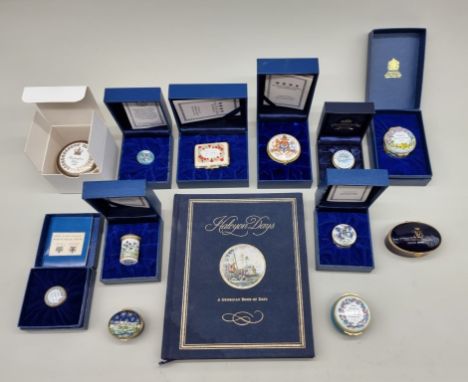 Nine Halcyon Days enamel boxes, seven boxed; together with a Crummles example; and three others. 