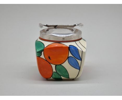 A Clarice Cliff 'Oranges' pattern preserve pot and metal cover,&nbsp;shape 516, the pot 8cm high. 
