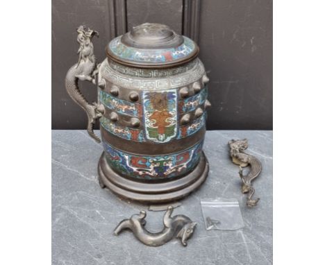 A Chinese bronze and champlevé enamel twin handled vessel and cover,&nbsp;30cm high, (elements detached). 