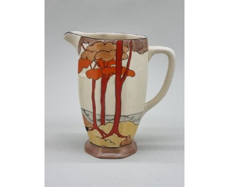 A Clarice Cliff 'Coral Firs' pattern Athens jug,&nbsp;shape 42, 15cm high. 