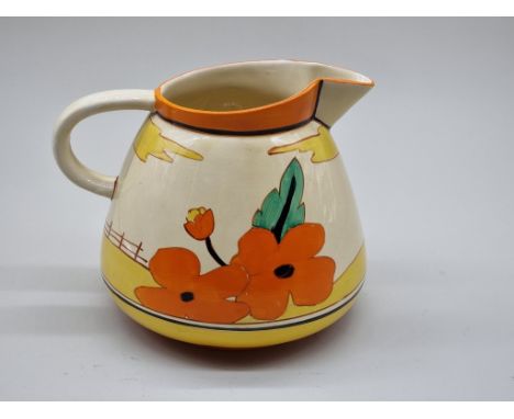 A Clarice Cliff 'Red Roofs' pattern Etruscan water jug, 20cm high. 