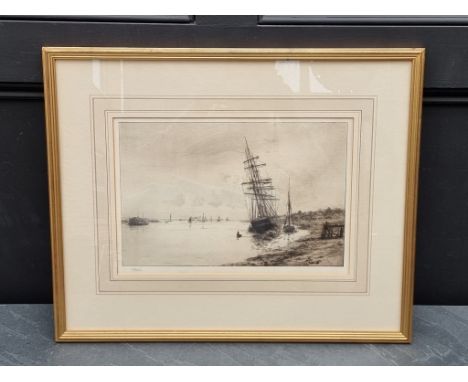 William Lionel Wyllie, 'Beached Schooner, Thames Estuary', signed in pencil, etching, pl.23 x 35.5cm. 