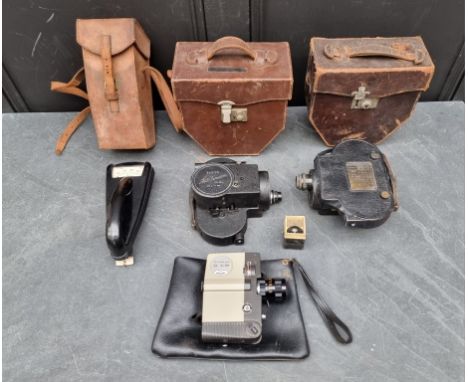Cameras: an Ensign Kinecam,&nbsp;in leather case, a similar Autokinecam example, similarly boxed; another cine camera; and an